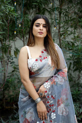 Floral Print flint Grey Color Organza Saree